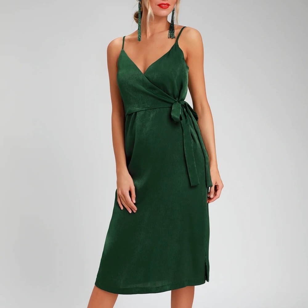 Fall In Love Forest Green Satin Midi Wrap Dress- Lulu’s